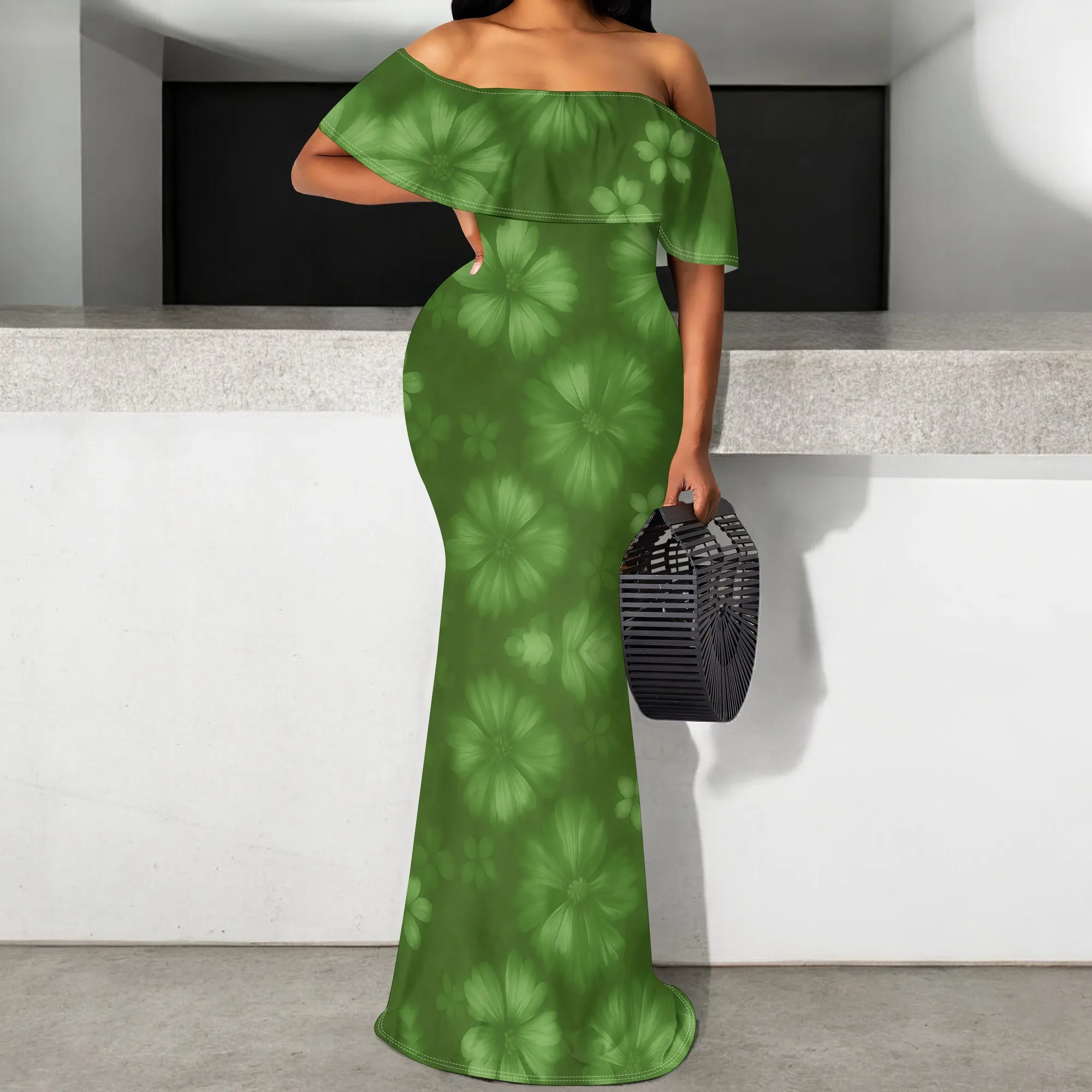 

Elegant Off Shoulder Mermaid Dress, Women's Floral Print Ruffle Bodycon Gown, Slim Fit Fishtail Maxi Evening Party Dress S-3XL