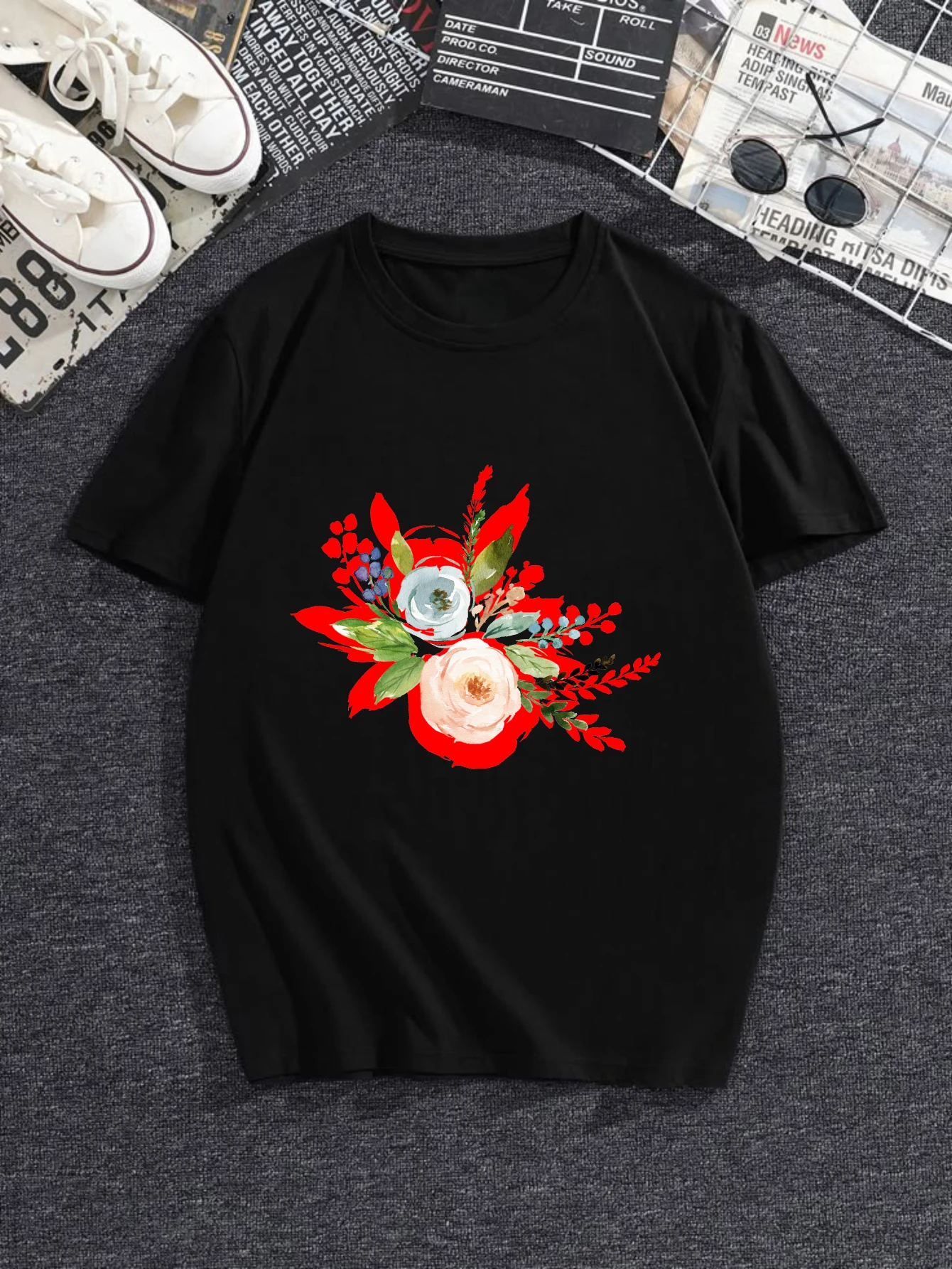 

Женские футболки, женские футболки в китайском стиле, топы y2k, женская одежда, повседневная одежда из 100% хлопка с цветочным принтом, черный принт