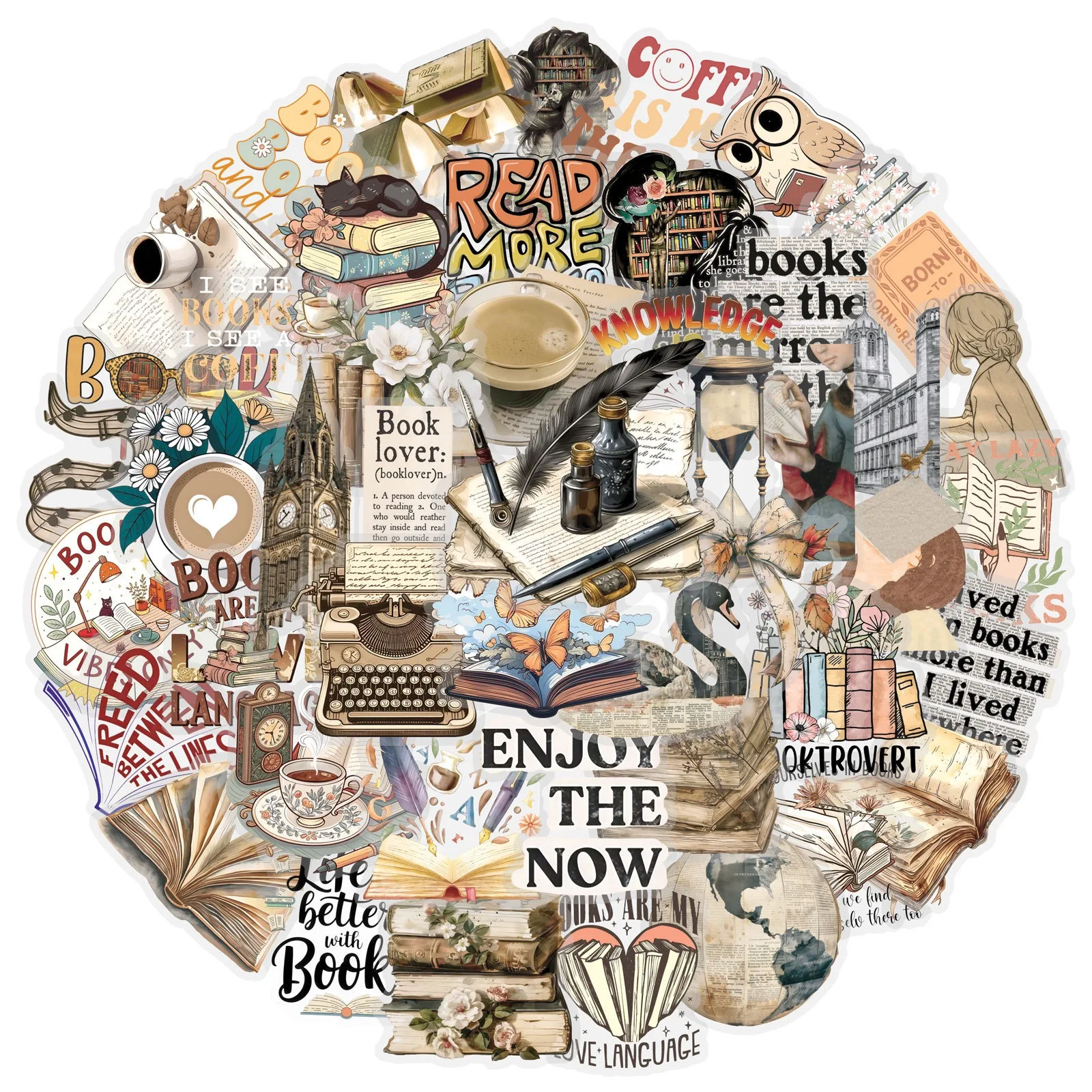 50pcs Vintage Book Bookish Transparent Stickers Kindle Cute Girls Reader Aesthetic Decals DIY ipad Phone Laptop Diary Sticker