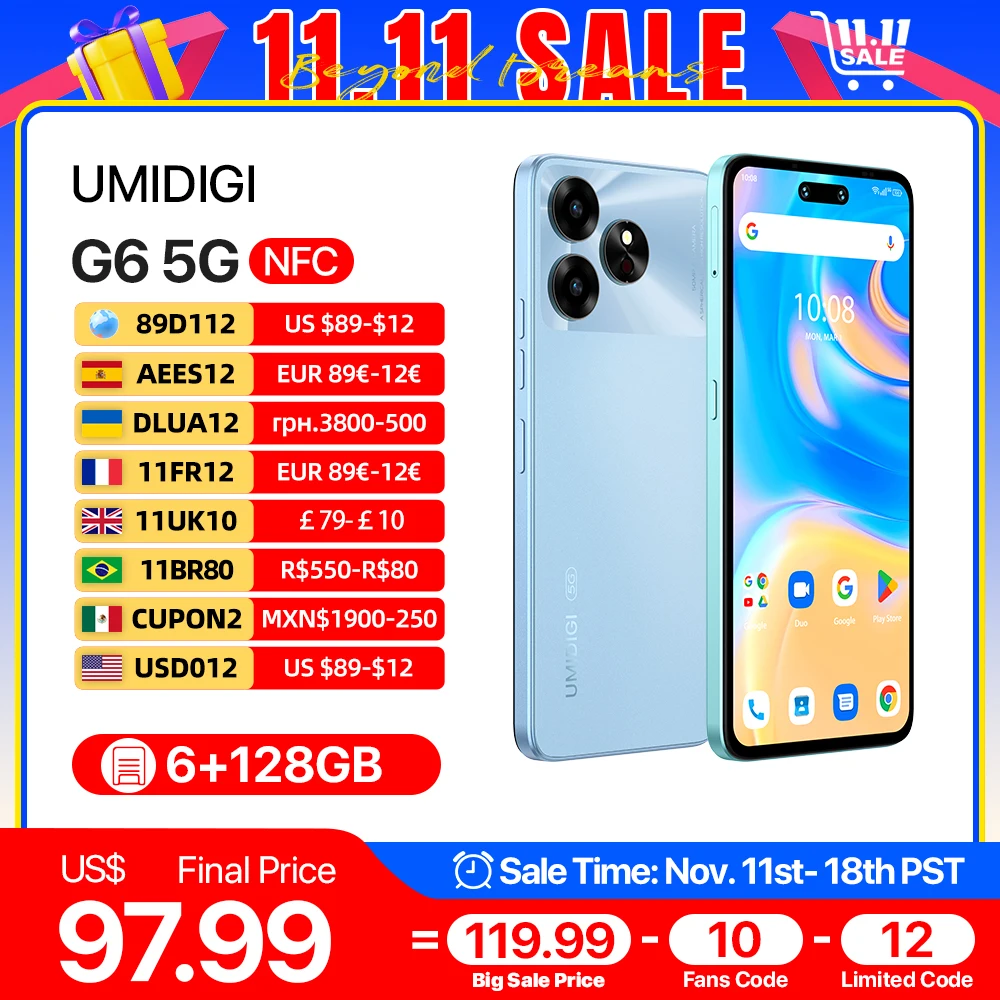 UMIDIGI G6 5G 휴대폰, 안드로이드 13 디멘시티 6100 + 8 코어 6.57 인치, 90Hz, 50MP 적외선 야간 투시경 듀얼 카메라, 6GB, 128GB 스마트폰 