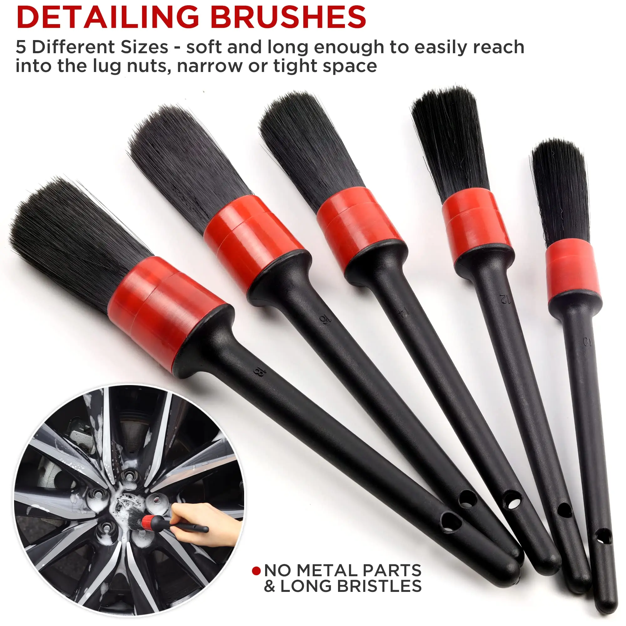 UNTIOR Wheel Tire Brush Set Long Soft Bristle Detail Brushes Microfiber Cleaning Cloth for Cleaning Wheel Car Detailing Kit