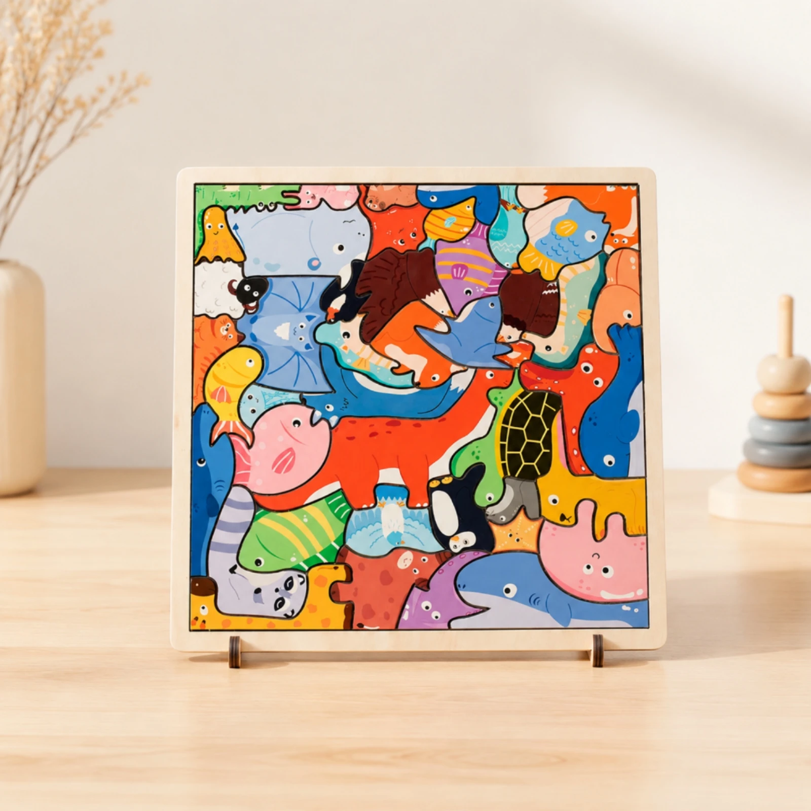 beginner-educational-puzzle-board-wooden-animal-theme-with-frame-and-upright-display-support-for-toddlers