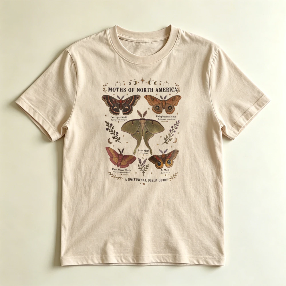 Moths Of North America Vintage Guide Summer Women Cotton T-Shirt Retro Insect Luna Moth Botanical Field Guide Graphic Costume