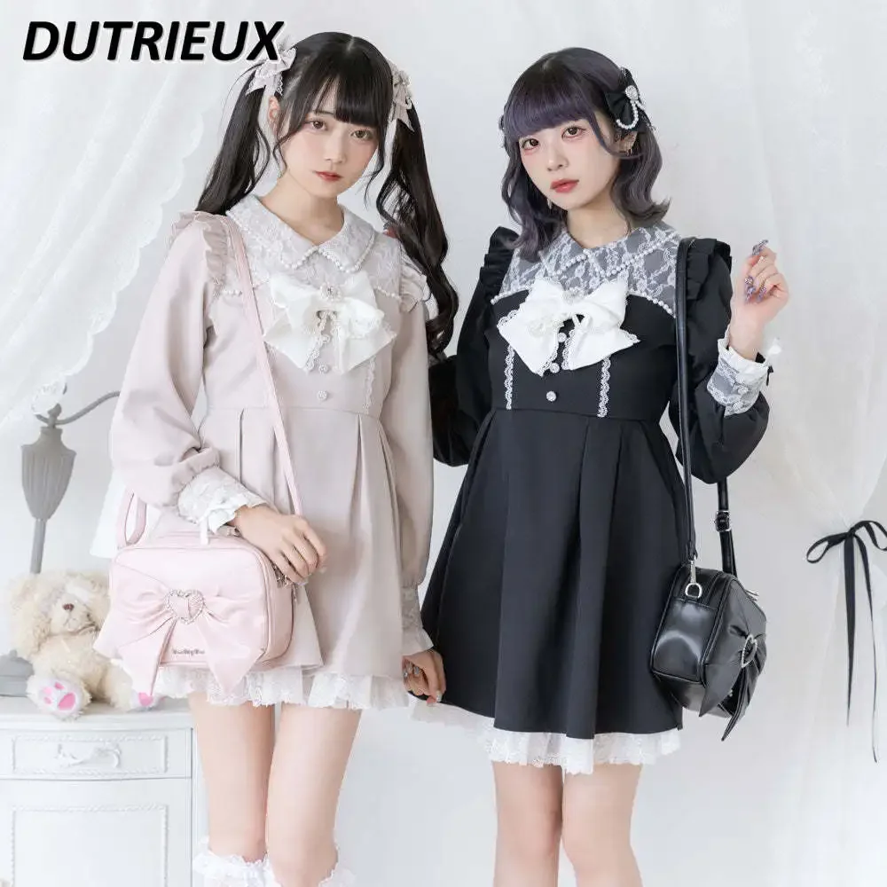 

Autumn New Product Versatile Long-sleeved Waist Dress Japanese Sweet Student Girl Lace Bow Bead Medium and Long Dresses