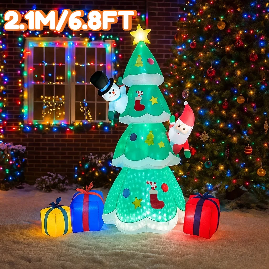 Árbol de Navidad inflable de 2,1 M/6,8 pies, Papá Noel, muñeco de nieve, Cajas de Regalo, luces LED, iluminación navideña para el hogar, decoración, suministros de decoración de Navidad