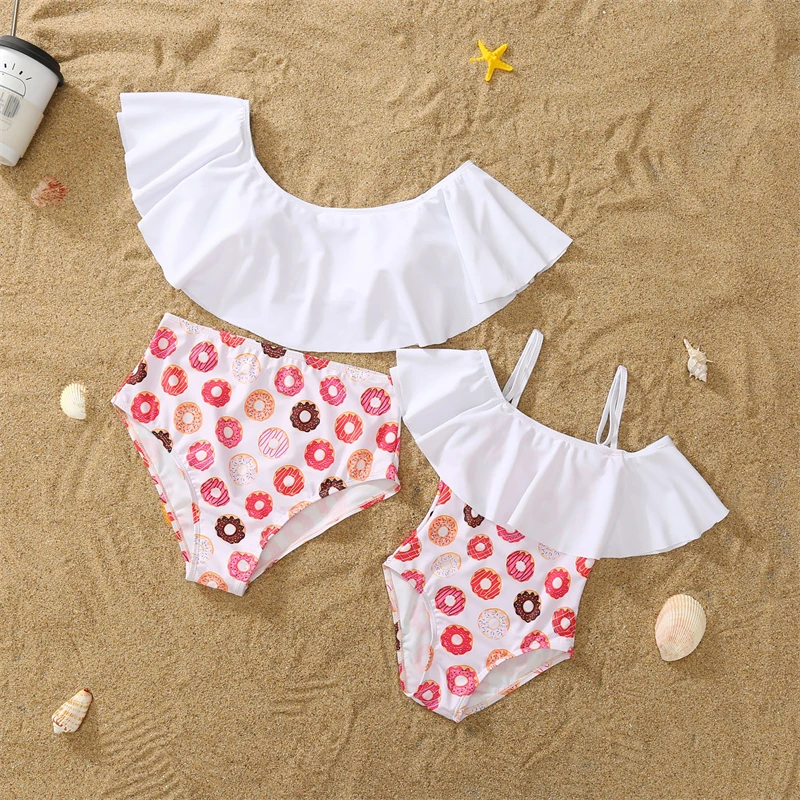 

Doughnut Mother Daughter Matching Swimsuit Ruffled Mom Mum Baby's Swimwear High Waist Mommy and Me Beachwear Clothes