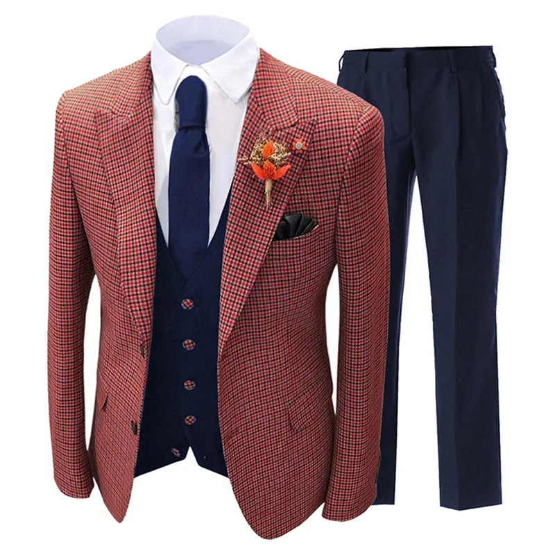 Men's Fashion Plaid Suit 3Pcs Set Slim Fit Prom Party Wedding Groomsmen Groom Suit Tuxedo Fashion Gold Blazer Vest Pants