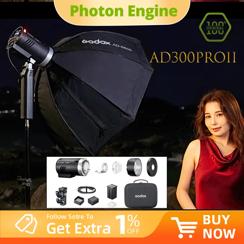 

Godox AD300PRO II Портативный стробоскоп TTL HSS 1/8000s 2,4G беспроводной с RGB-подсветкой и аккумулятором 3000 мАч для Canon Nikon Sony