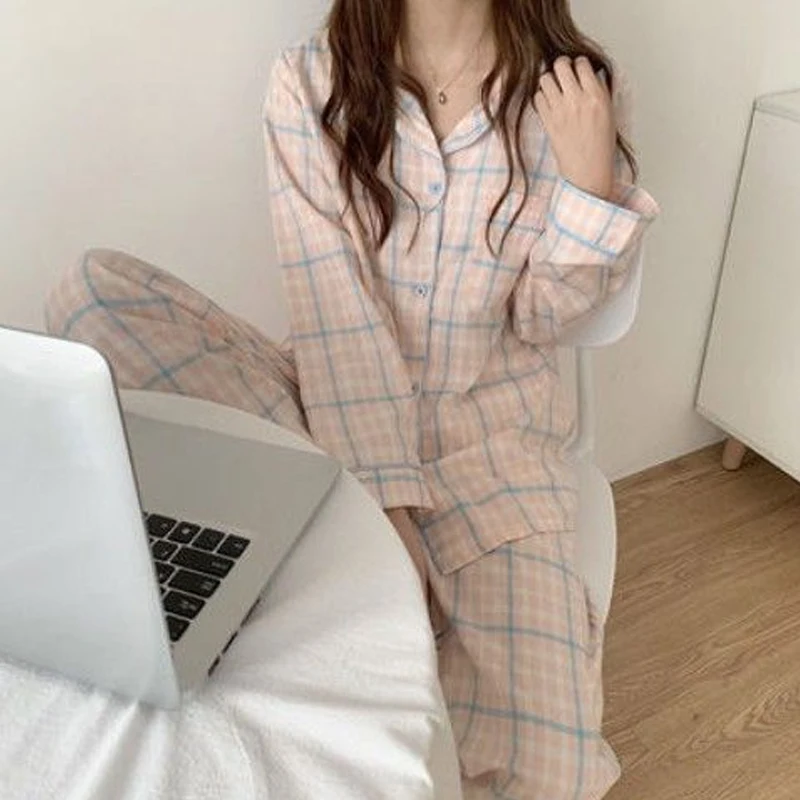 Women\'s Spring 2 Pcs Pajamas Set Female Cute Cartoon Home Suit Autumn Comfortable Plaid Print Long Sleeves Tops Pants Loungewear