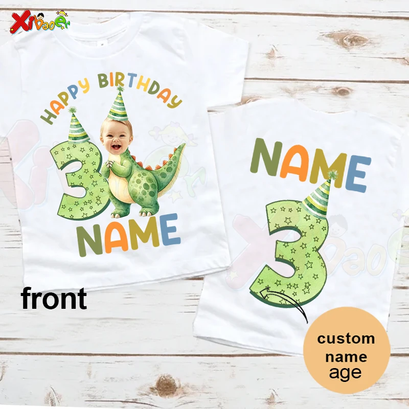 Custom Dinosaur Birthday Boy Family Shirts Matching Outfit Kids Dino Birthday Party Outfit Personalized Face Photo Name 3rd 1st