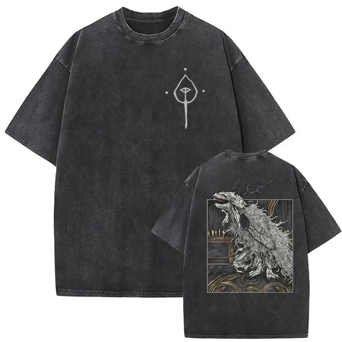 Vintage Washed Game Bloodborne Amygdala Grafik-T-Shirts für Männer und Frauen, Harajuku-Mode, hochwertiges Kurzarm-T-Shirt, Streetwear – Detail 6