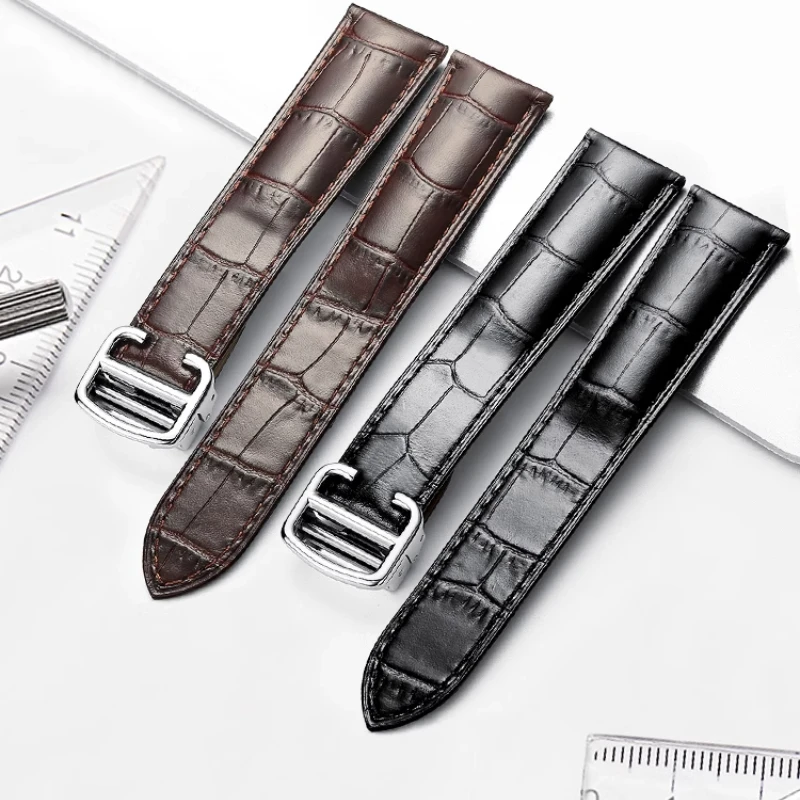 Pulseira à prova d'água e suor, acessórios de relógio de couro genuíno masculino e feminino, fivela dobrável para cartier tank londres