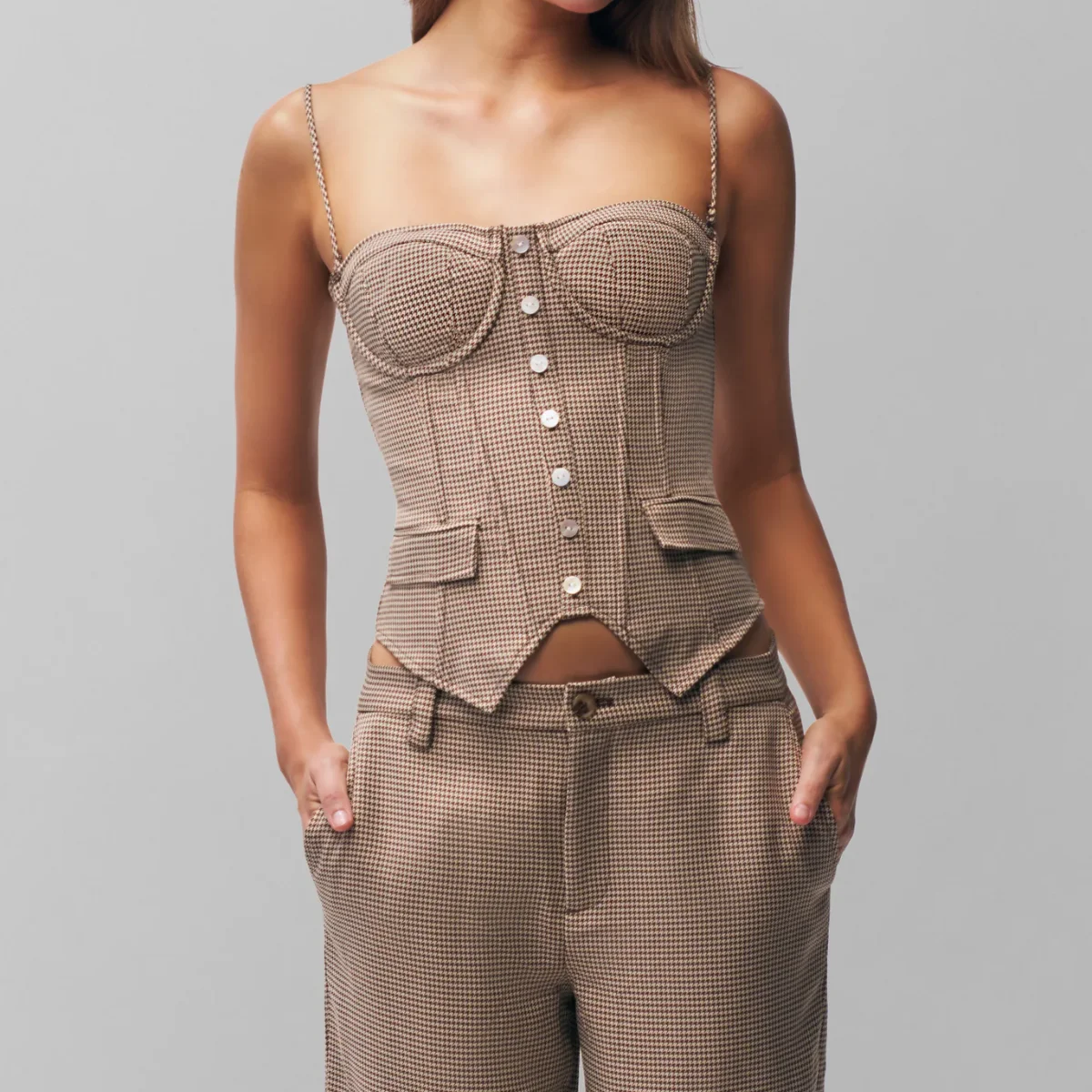 Hepburn Style Corset Spring 2025 French Elegant Halter Houndstooth Tops Sexy Coffee Plaid Camis Women Lace Up Crop Top Tank Vest