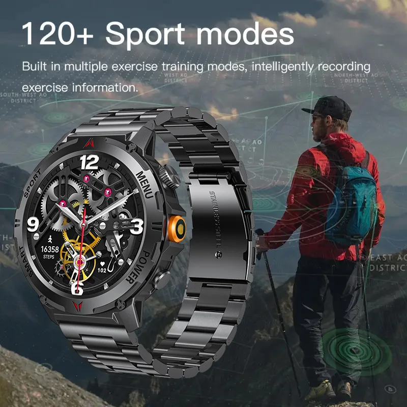 Новые умные часы для мужчин и женщин, светодиодный фонарик IP68, водонепроницаемый, 100 спортивных режимов, фитнес-трекер, металлический каркас, уличные умные часы