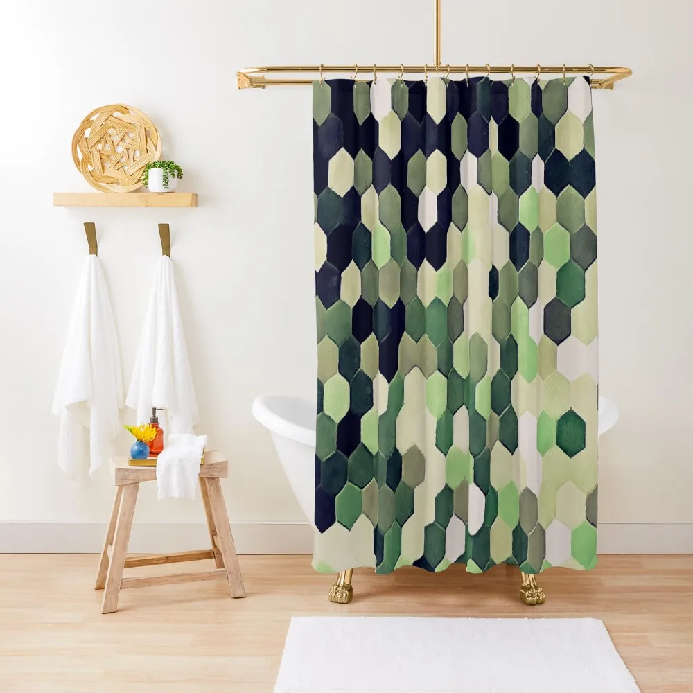 

Honeycomb Pattern In Peppermint Green and Black Hexagon Painting Shower Curtain For Bathroom For Bathrooms Curtain