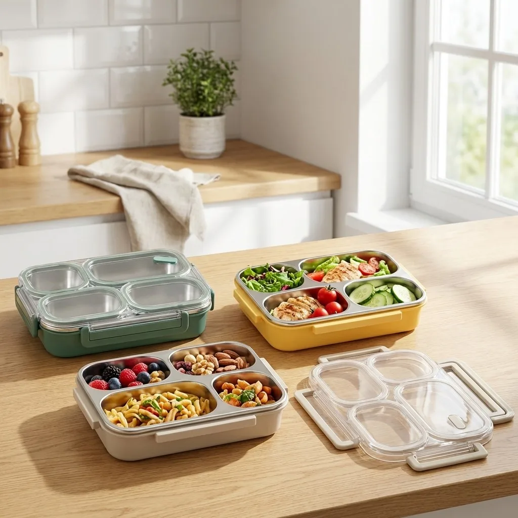 3/4 Grids 304 Stainless Steel Lunch Box Portable Large Capacity Leak Proof Divided Bento Box for Students Adult Microwave Safe
