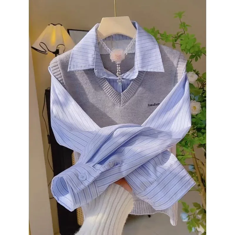

Knit Shirt Fake Two Sweaters Women's Spring and Autumn Short Preppy Striped Vest Spliced Soft Waxy Top Casual Fashion
