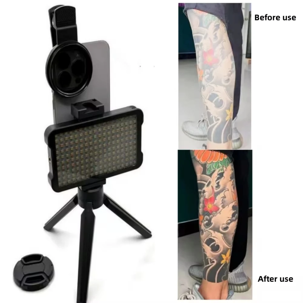 Lampa LED do fotografii tatuażu z filtrem CPL 52mm redukującym odblaski, kompatybilna z obiektywem aparatu na telefon komórkowy, usuwająca odblaski.