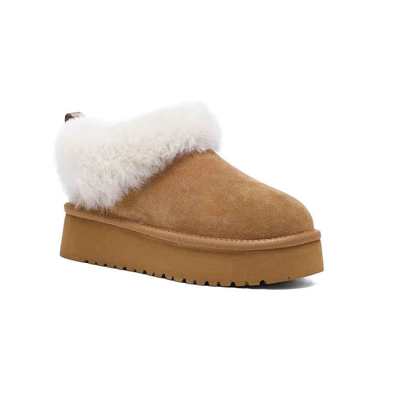Women Platform Ankle Snow Boots Fluffy Turn‑over Fur Collar Suede Plush Lined Winter Anti‑slip Thick Sole Ladies Booties