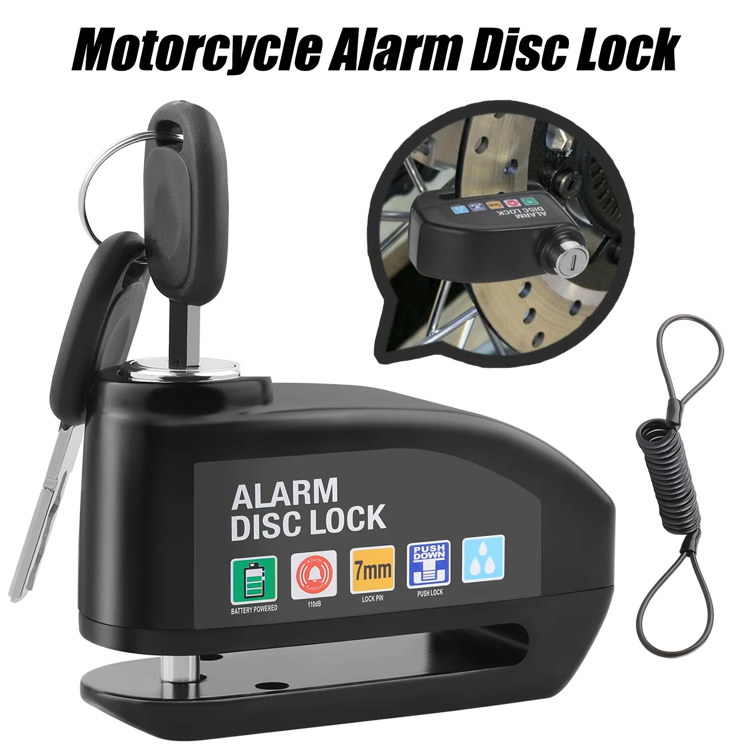 110dB high-volume bicycle lock with vibration and motion sensors, anti-theft disc brake lock, suitable for motorcycles.