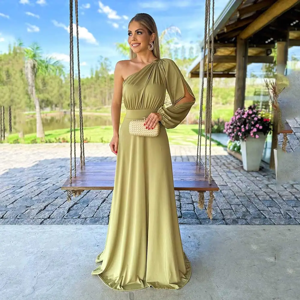 

Customized Simple Ginger Evening Dress One Shoulder Long Sleeve A-Line Birthday Party Gown Draped Fashion Women's Elegant Es