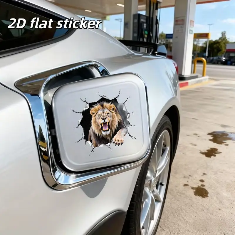 2D Flat Aggressive African Lion Sticker, Roaring Lion Breaks Through Black Metal Background Design, Fuel Tank Cap Decal for Car