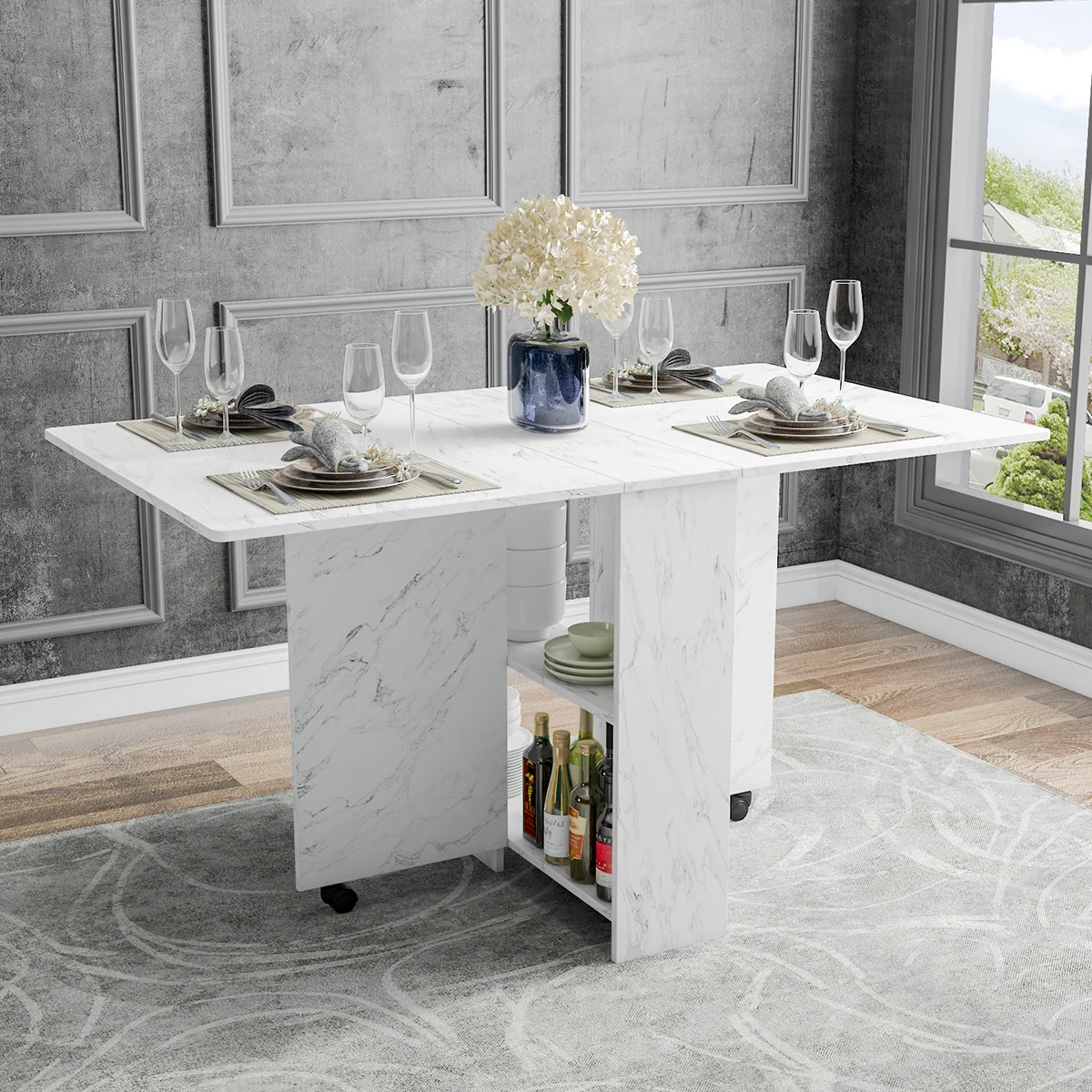 Marble Dining Table with Wheels Folding Movable 2 Layers Storage Desk Living Room Restaurant Kitchen Coffee White Wooden Table