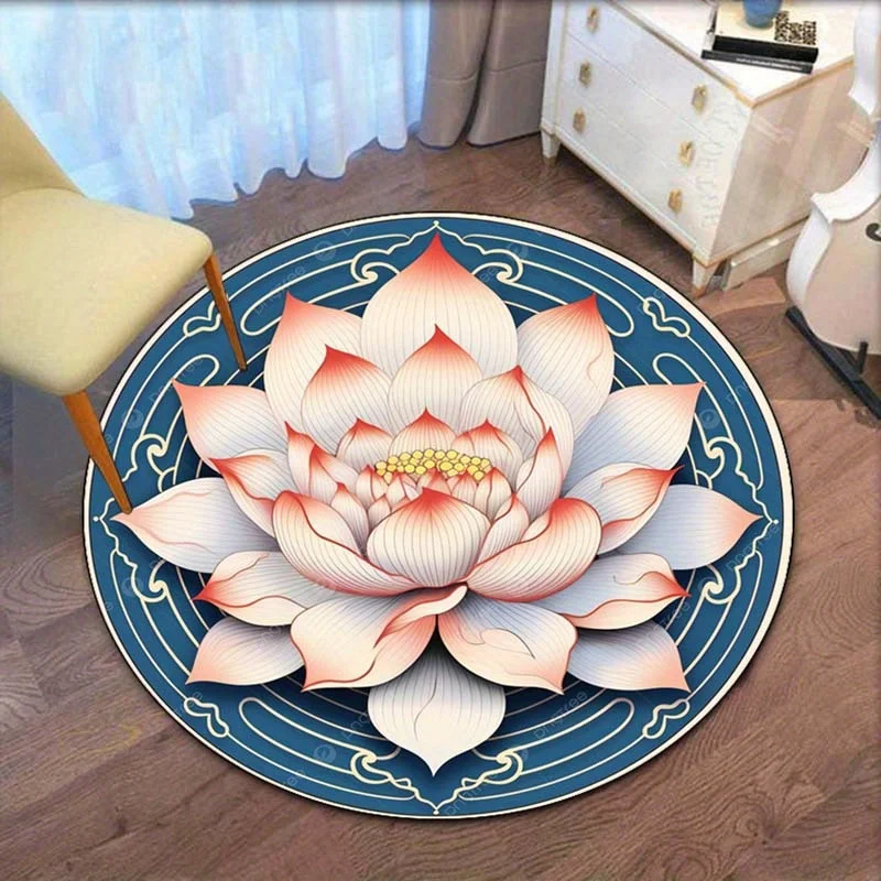 

Lotus Flower Blue Round Rug Eastern Spiritual Design Peaceful Meditative Floor Mat Buddhist Home Decor Chinese Art Style
