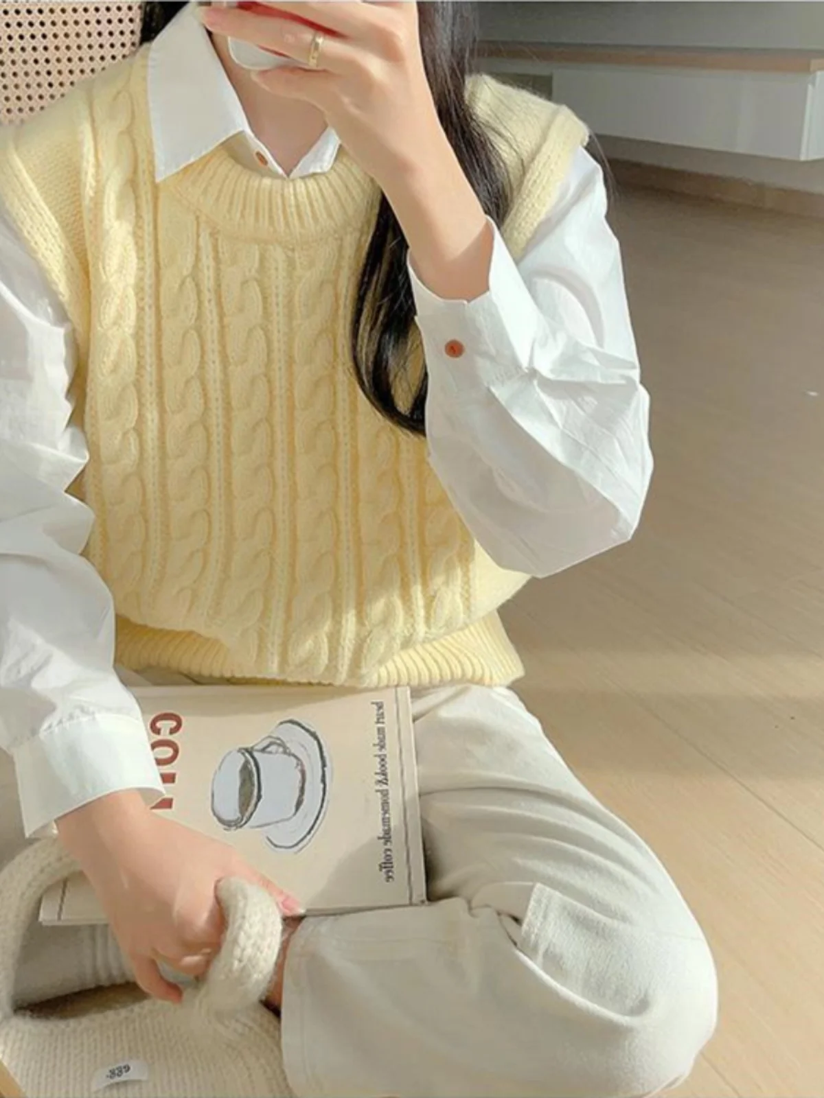 

Soft Yellow Knitted Sweater Vest Women's Overhead Cute Autumn Chic Lazy Sle Twist Student Vest Top round Ne No Button