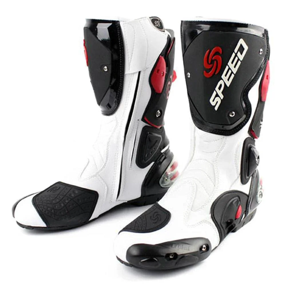 Stivali da moto da uomo Protezione anticaduta da equitazione Alta qualità Nero/Bianco/Rosso Taglia grande 40-45 B1001 Scarpe da motocross