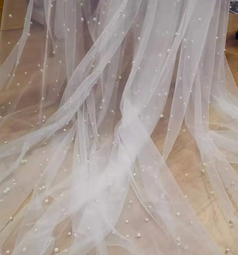 1 Yard Off White Tulle Fabric with Pearl Beading for Bridal Veil Lace,Wedding Dress,Ball Gown,Clothing Supplies