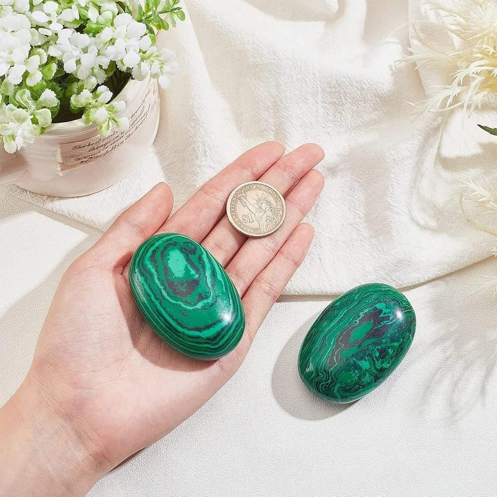 2 PCS Green Malachite Stone, Chakra Thumb Worry Stone Oval Shape Polished Palm Thumb Pocket Stones for Scraping Massage