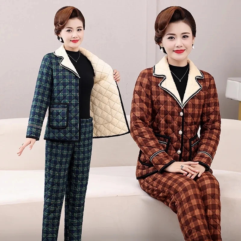 Mother Plush Warm Cotton Suits Sets 2023 Winter Plus Size Cotton Clothing 2 Piece Sets Womens Plaid Coat & Pants Sets Homewear