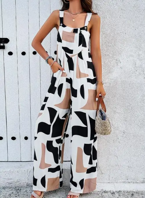 Summer Square Neck Vacation Style Geometric Print Sleeveless Camisole Vest Jumpsuit for Women, High Waist Wide Leg Jumpsuit