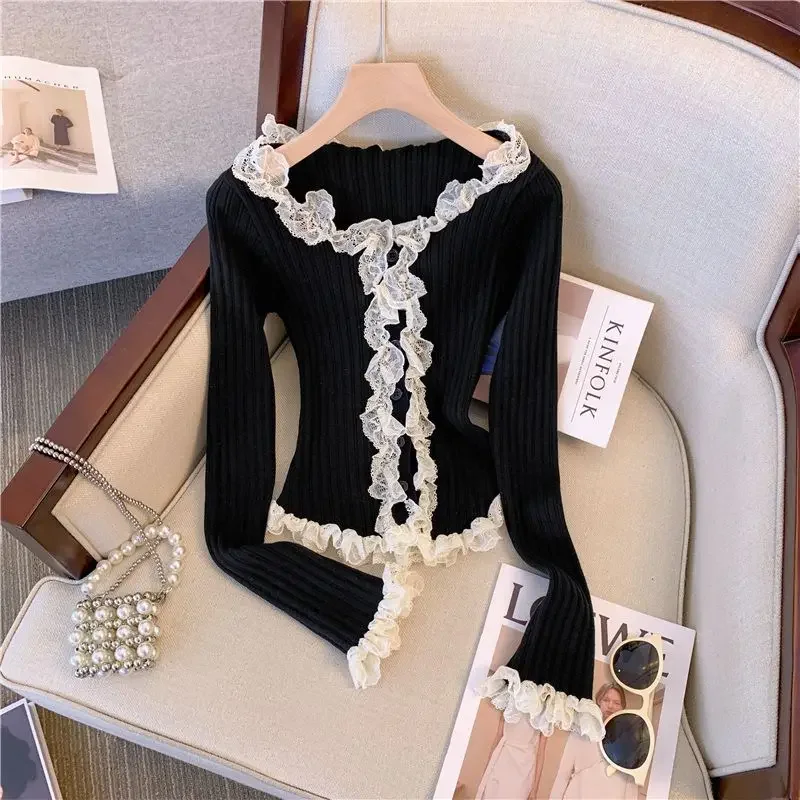 

French Lace Knitted Cardigan for Women's Spring New Slim Short Sweater Long-sleeved Top Offie Lady Vintage Knitwear JJ200