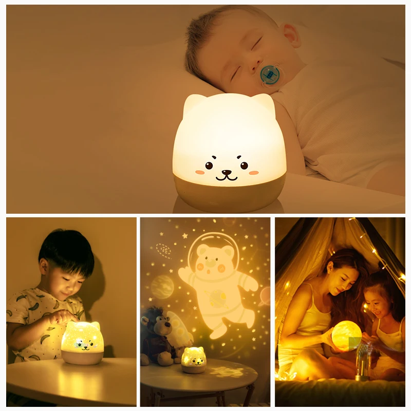 Projetor do mundo do mar dos desenhos animados para crianças Luminária de mesa Decoração de cabeceira Bluetooth Alto-falante Cute Dog NightLights