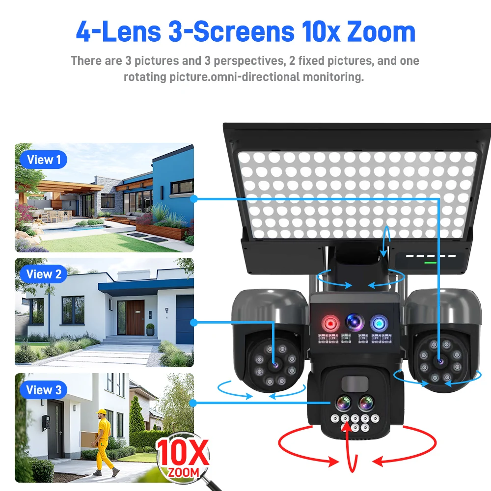 Auto Zoom Tracking Solar CCTV Camera, 8MP PTZ, Human Detection, Siren & Spotlight Alarm, 2-Way Talk, No Wire Needed