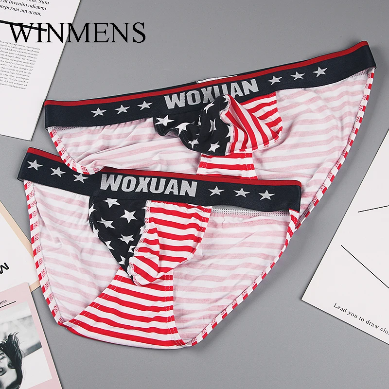 

Мужские эластичные хлопковые трусы, нижнее белье с забавными звездами и полосками, выпуклая сумка с американским флагом, бандажи для геев, бесшовные трусики