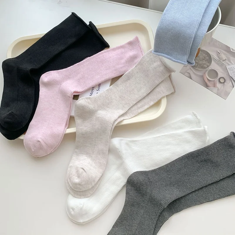 Rüschen Rüschen Socken lose weiße Socken Baumwolle stricken einfarbig lange schwarz rosa Studenten Mädchen Socken Chausse ttes Femmes Meias