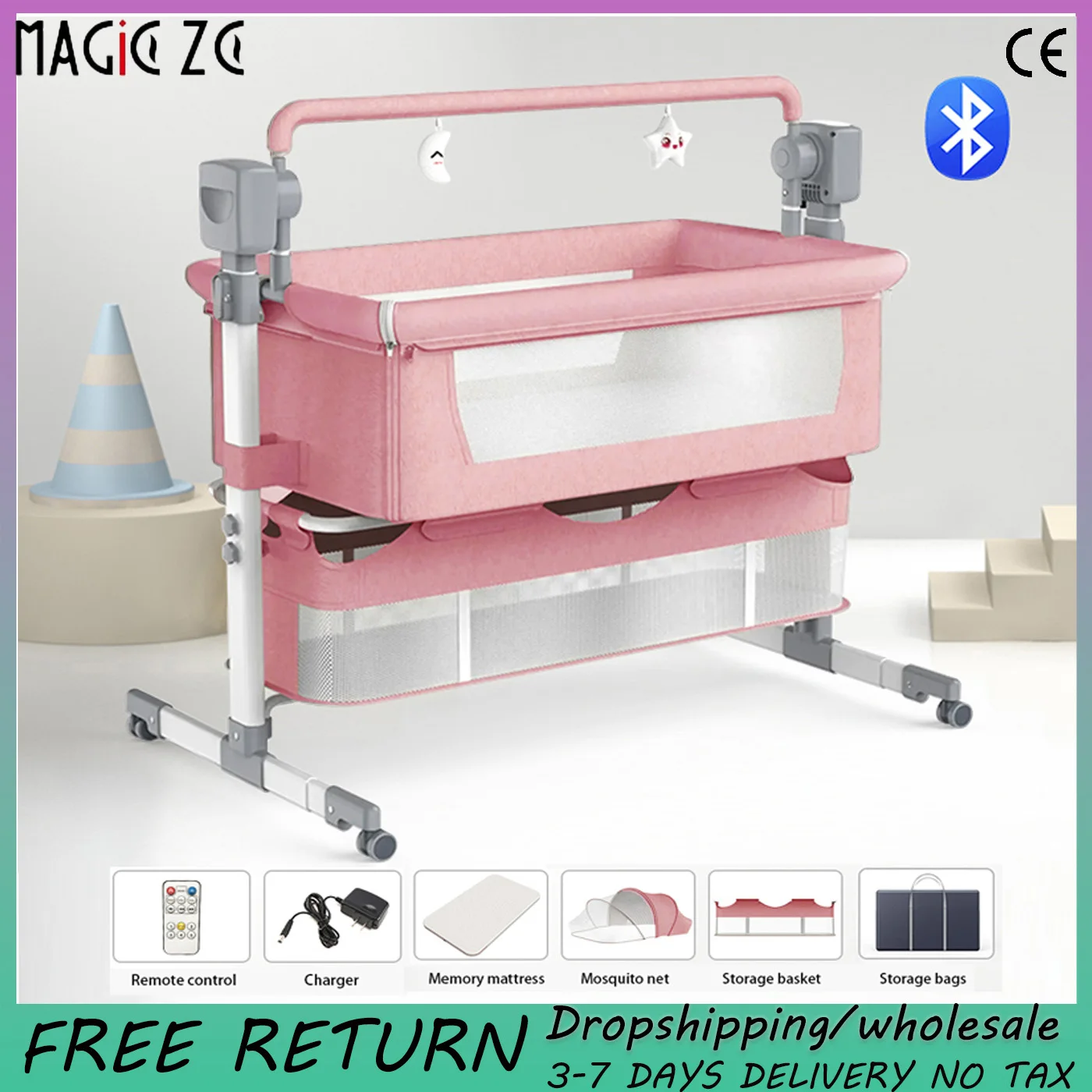 

Electric Bluetooth Baby Crib Portable Baby Bed Baby Easy to Clean Travel Bed with Mattress Cradle for Newborns Infant Cot 0-3 Y.