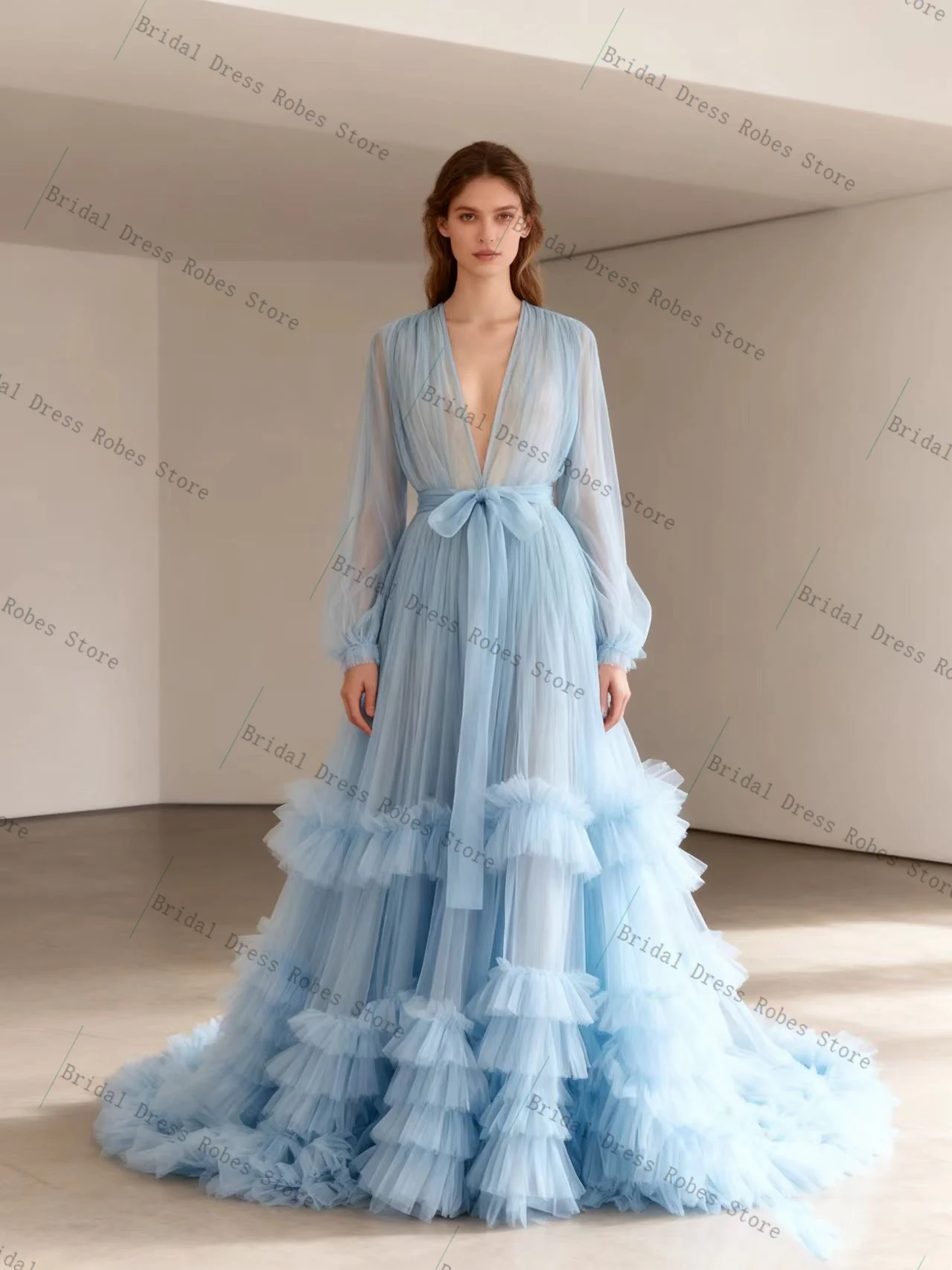 

Elegant Light Blue Women Prom Dress For Photoshoot Belted Formal Sexy Sheer Mesh Long Bridal Morning Robe Customized Night Gown