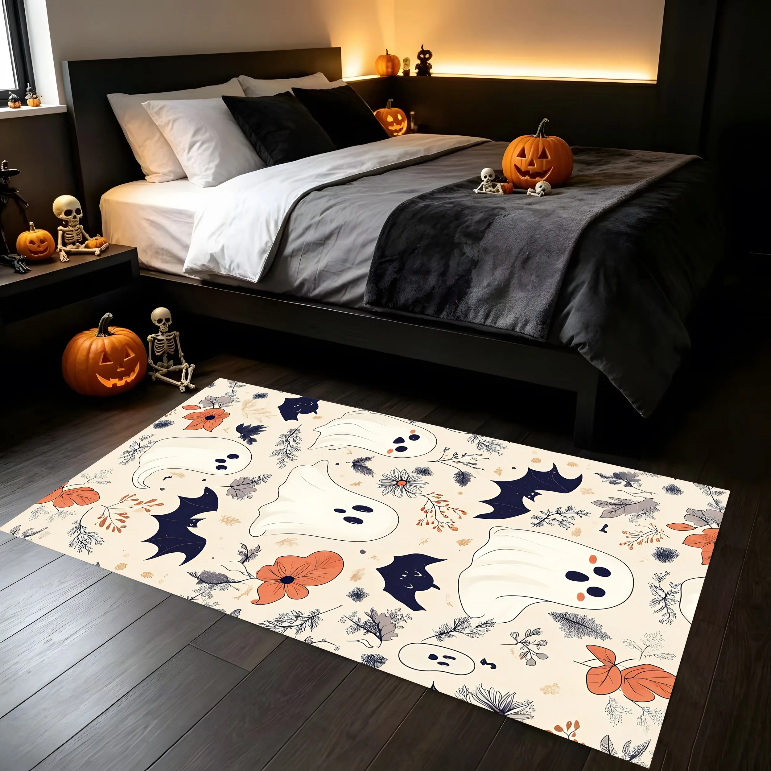 2D Large Carpet Cartoon Ghosts Bats Flowers Retro Childlike Style Soft Fresh Creating a Joyful Halloween Atmosphere
