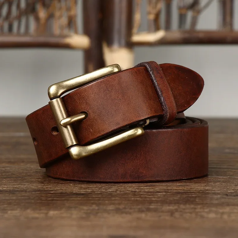 Cinturones de cuero genuino de vaca puro para hombres y mujeres, correa de marca, hebilla de latón para hombres, Jeans, diseñador de lujo, 3,3 CM