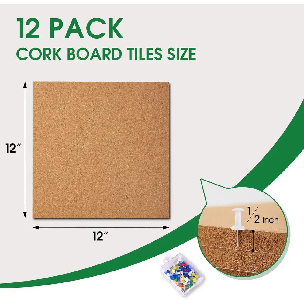 Placas de Cortiça Grossas de 12x12 Polegadas com Adesivo, 100 Alfinetes Inclusos para DIY, Escritório, Escola e Uso Doméstico