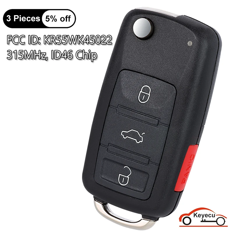 KEYECU 4 Buttons 315MHz ID46 Chip for Volkswagen Touareg 2004 2005 2006 2007 2008 2009 2010 Auto Flip Remote Key Fob KR55WK45022