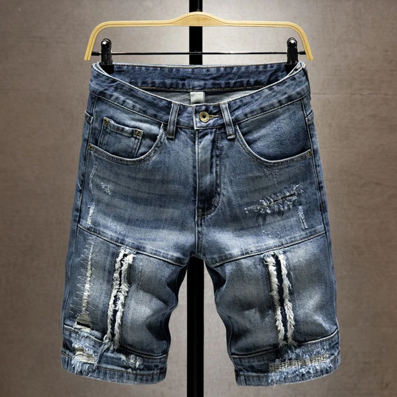 

Summer Fashion Designer Men Jeans Retro Blue Stretch Patched Ripped Short Jeans Men Hip Hop Vintage Casual Denim Shorts Hombre