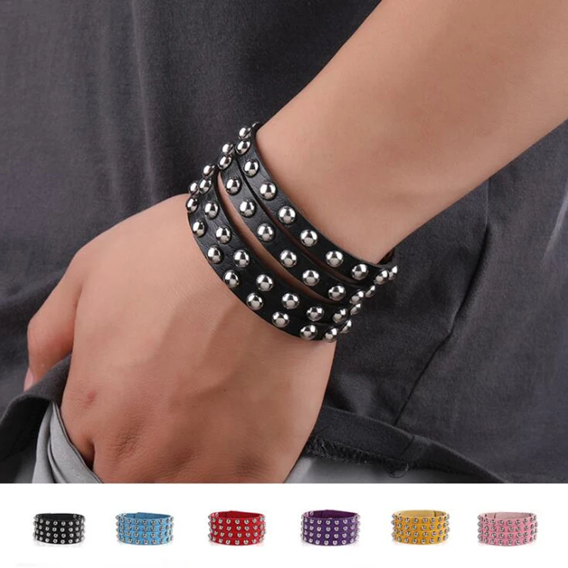 Gothic Delicate Round Rivet Black Leather Bracelets & Bangle Punk Bracelet for Women Men Statement Jewelry Party Accessories E51