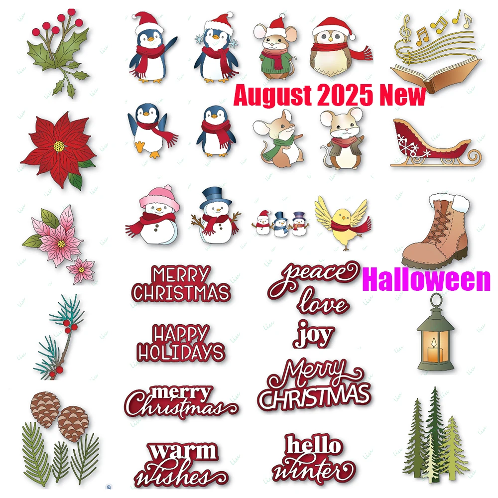 

2025 August New Merry Christmas Penguin Pine Berry Branch Sunshine Metal Cutting Dies for DIY Scrapbook Photo Album Holiday Gift