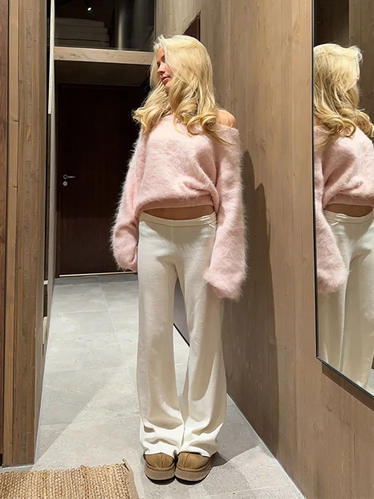 Fashion Off-Shoulder Sweater Women's Solid Loose Fuzzy Long Sleeve All-match Pullover 2025 Autumn New Ladies Casual Tops