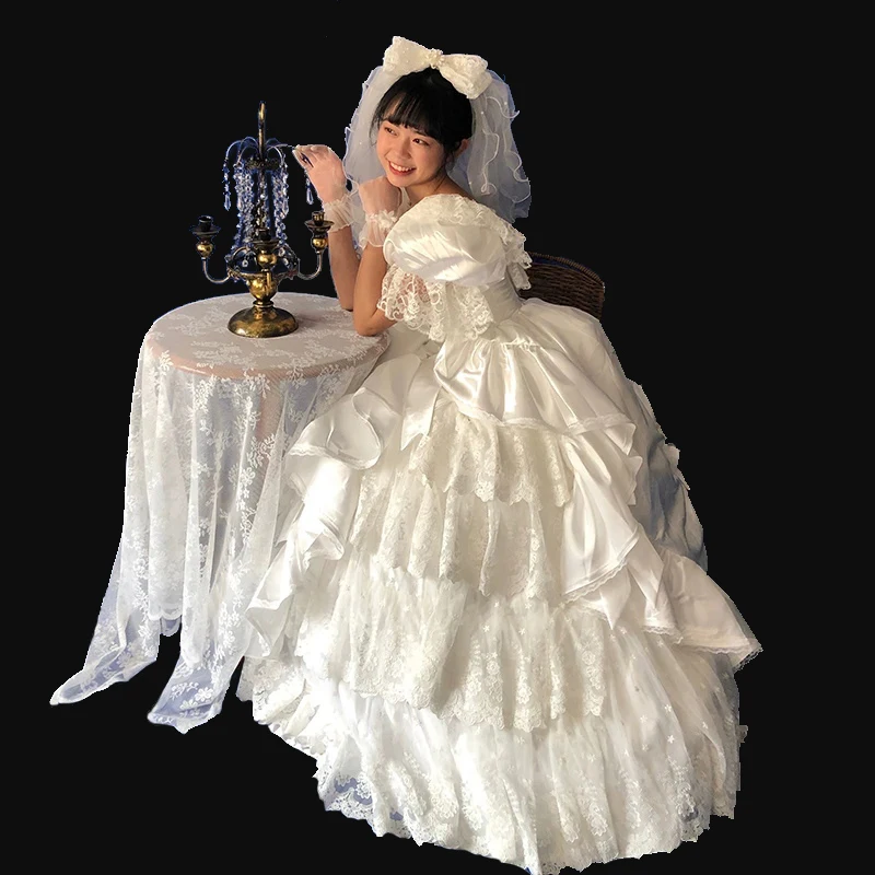AnXin SH vintage princess white satin ruffles flower lace handmade boat neck puff sleeve pink Antique customized wedding dress
